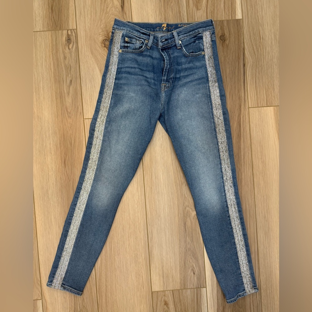 7 For All Mankind Blue and Silver Ankle Cropped Jeans